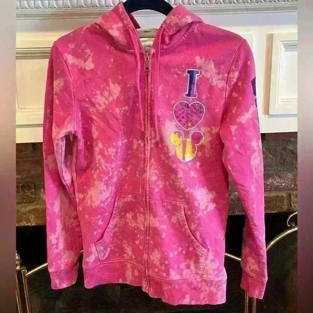 Authentic original Disney Parks I love Mickey heart zip up hoodie sz S tye dye